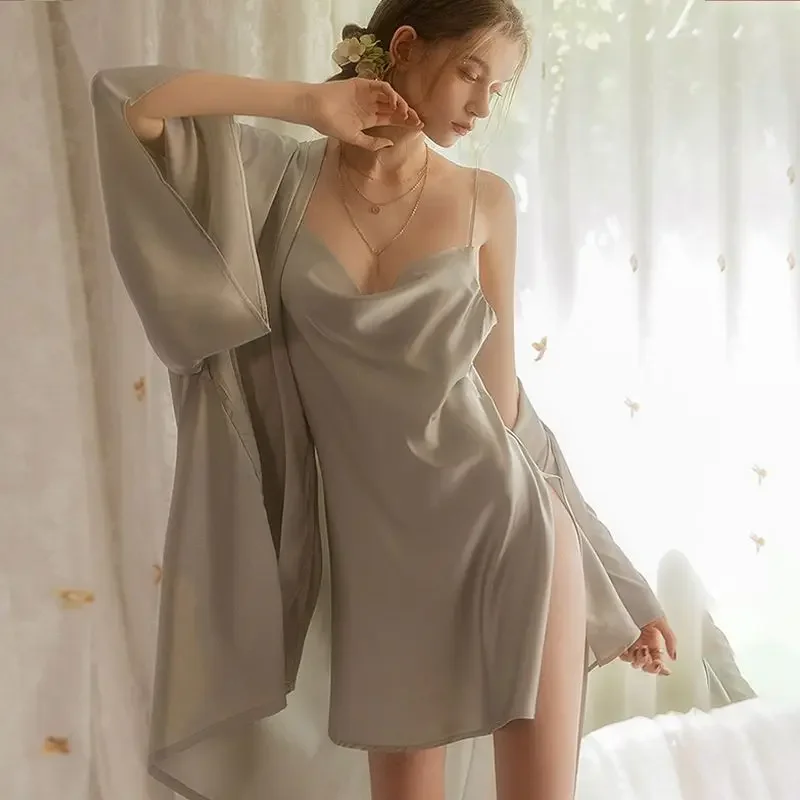 In The Summer Fashion Ice Silk Sexy Nightdress Thin Strap Two-piece Set Can Worn Outside Loungewear Pajamas Female New Style