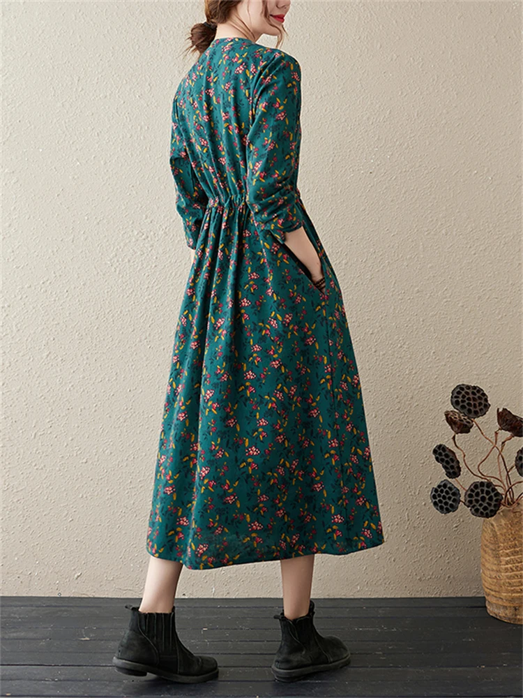 Long Sleeve Cotton Linen Vintage Floral Print Dresses For Women 2024 New Spring Autumn Casual Dress Robe Femme Elegant Clothing