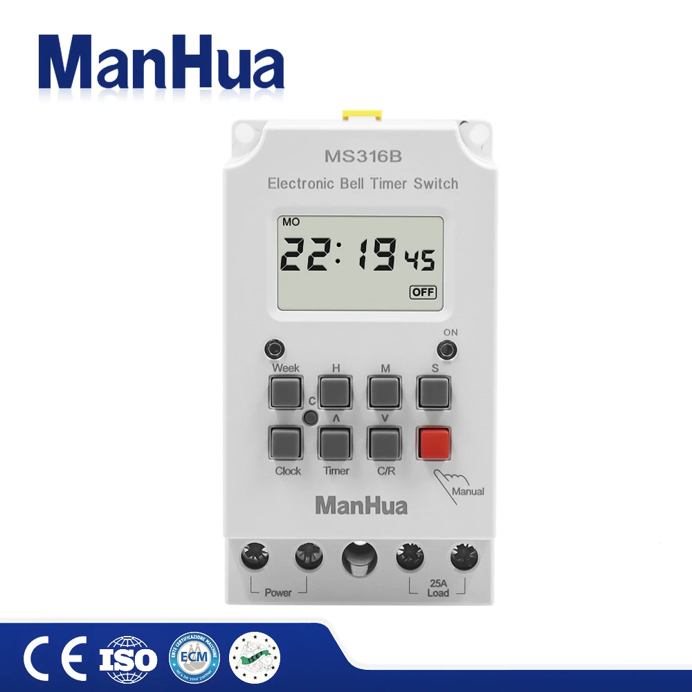 ManHua MS316B 220V 25A 68 ON programmable timer switch school bell time controller