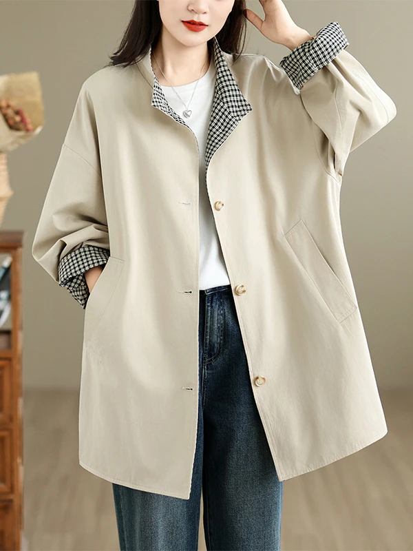 Authentic British Style Women's Mid-Length Plaid Coat Jacket Stand Collar Autumn Season Single Button Cotton 100%