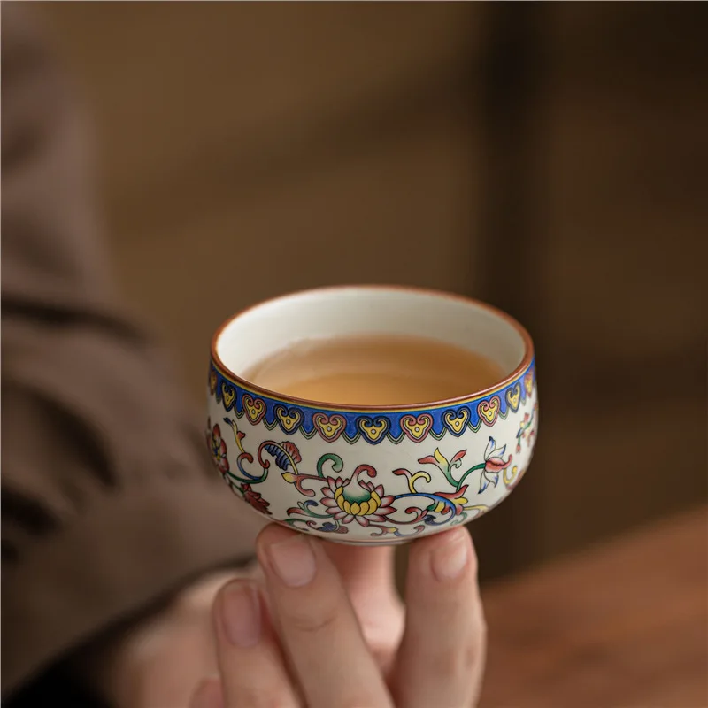 Colorful Interlocking Lotus Ceramic Tea Cup Ru Kiln Style Kung Fu Tea Tasting Cup Household Tea Drinking Teacup Table Drinkware