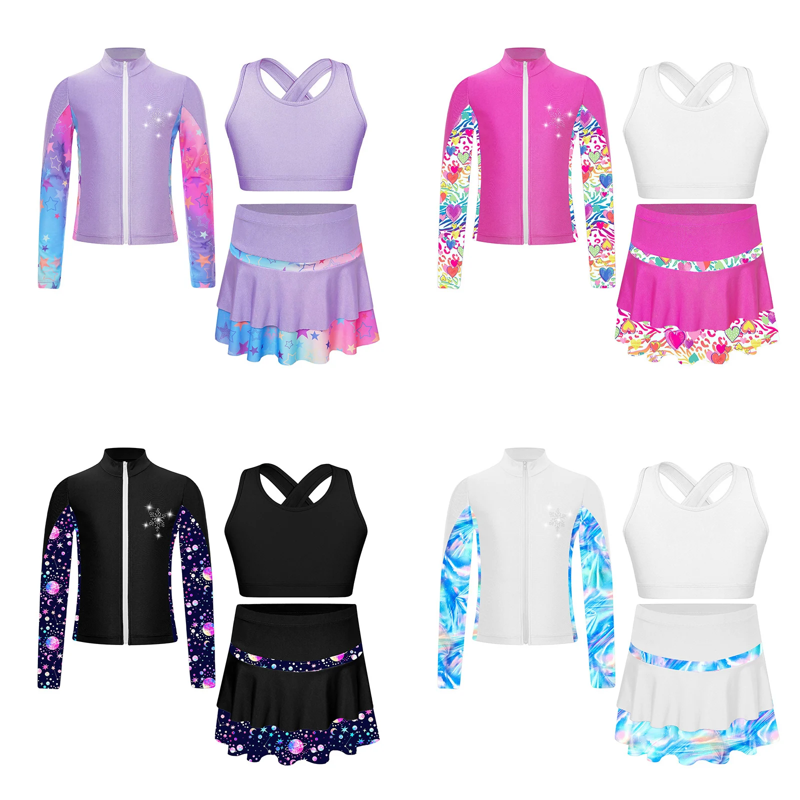 Kids Girls Shiny Rhinestones Figure Ice Skating Jacket Tank Tops Skater Mini Skirt Skort with Shorts Set Workout Outfits