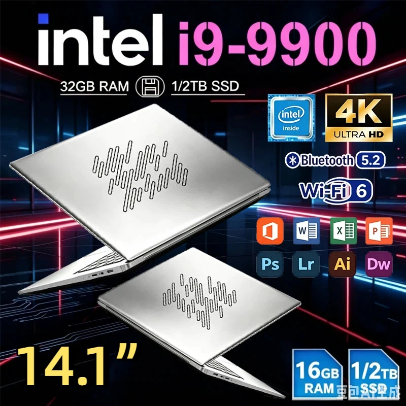 2026 New Laptop 14.1 Inch Windows 11 Intel Core I9 9900 16GB RAM 1TB 2TB SSD Fingerprint Unlock Study Office Pc Gaming Laptops