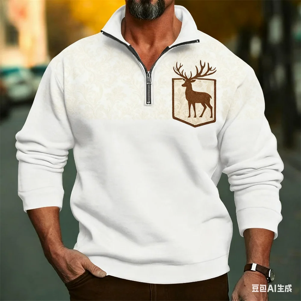 

3D Print Vintage Elk Graphic Men's Zipper Sweatshirt Fashion Simple Design Long Sleeve Pullover Oversize Half Zip Collar Clothes