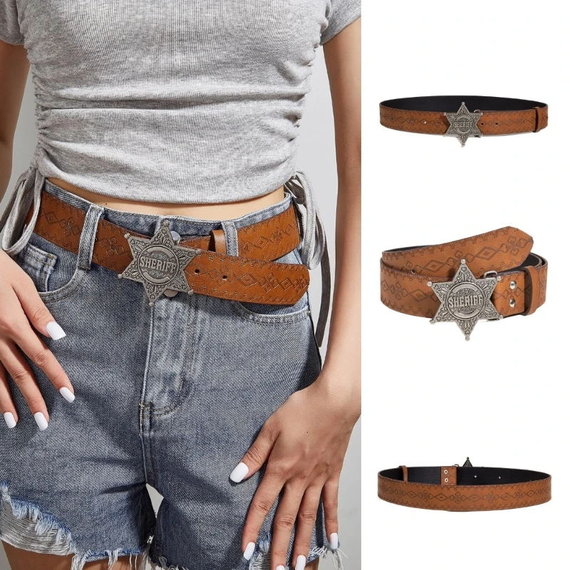 

Wear-resistant Adult Waist Belts with Carved Buckle Ladies PU Waistband M6CD