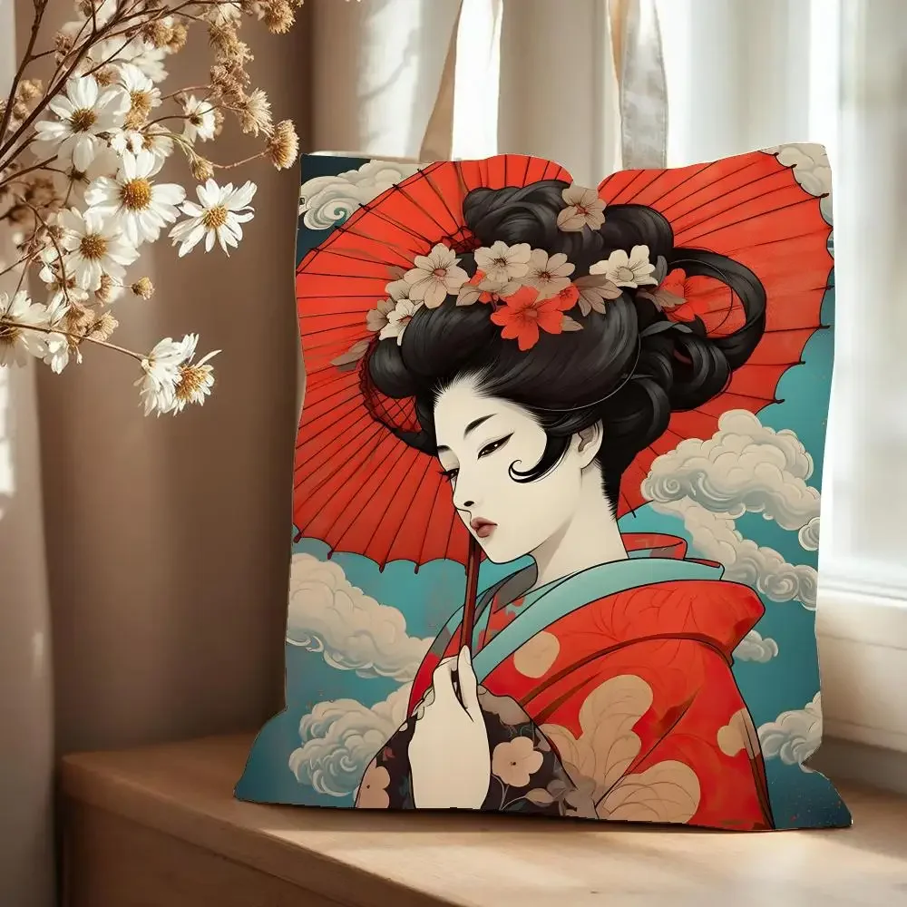 Shopping Bags Canvas Printing Beautiful Geisha Storage Tote Bag Large Capacity Double Sided Reusable Eco Friendly Shoulder Bag