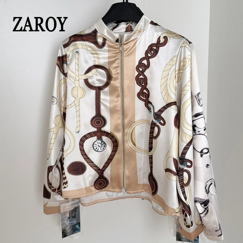 

ZAROY Luxury Satin Women Shirt Old Money Chain Print Zipper Shirt Autumn Long Sleeve Stand Collar Blouse Thin Jacket Tops Blusas
