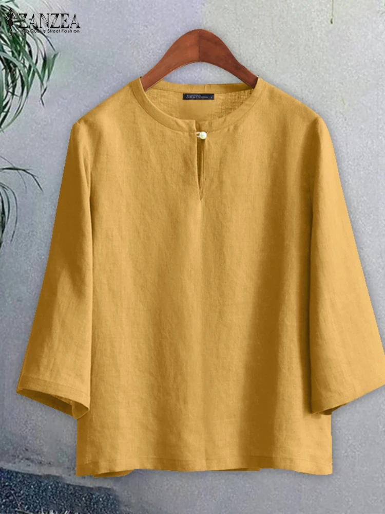 

ZANZEA 2022, женская блузка, однотонные свободные хлопковые топы, повседневная блузка с круглым вырезом и рукавами 3/4, женская сорочка, летняя элегантная рабочая рубашка OL