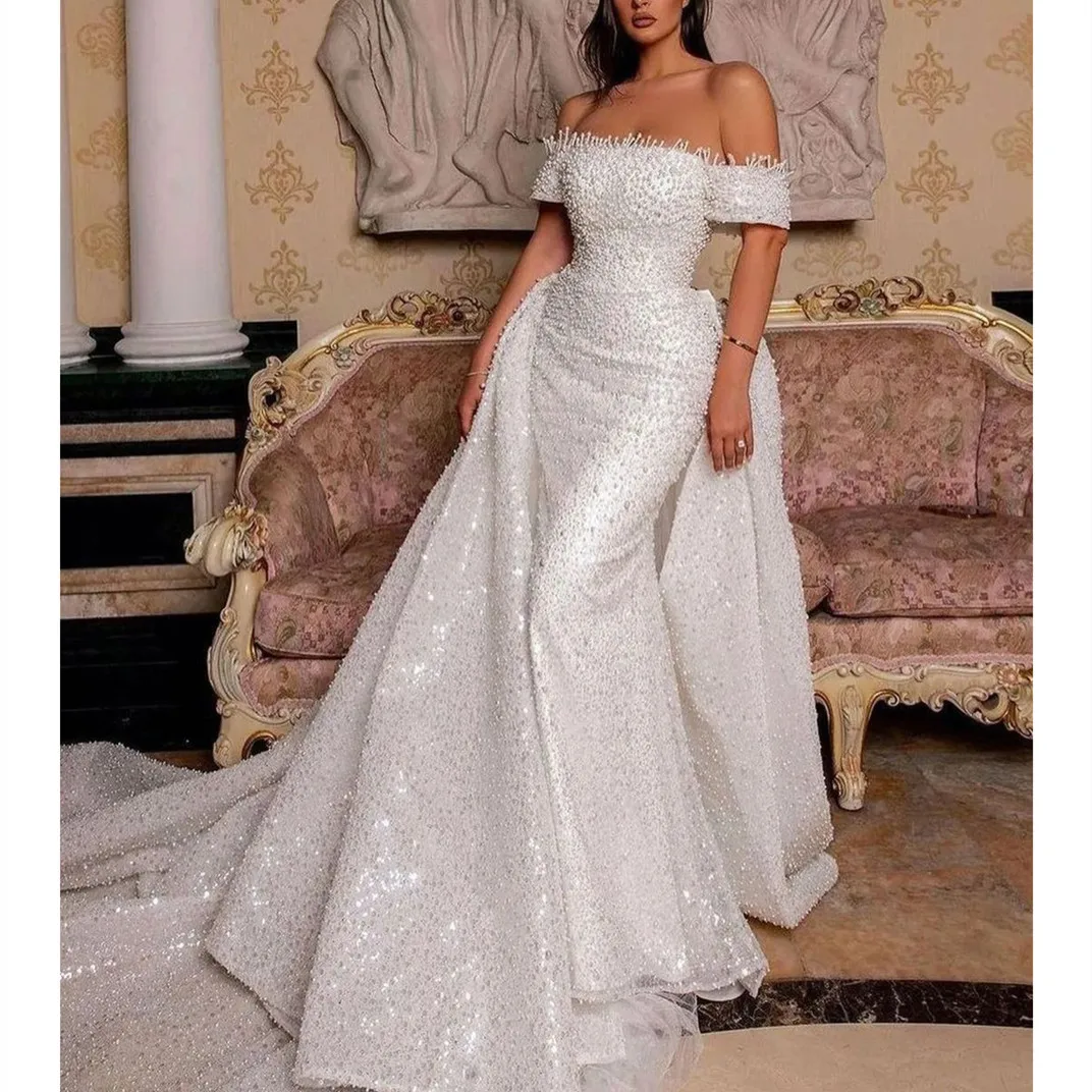 Vestidos De Novia De lujo, sin mangas, y hombros descubiertos con lentejuelas, apliques De cuentas, encaje, vestidos De Novia