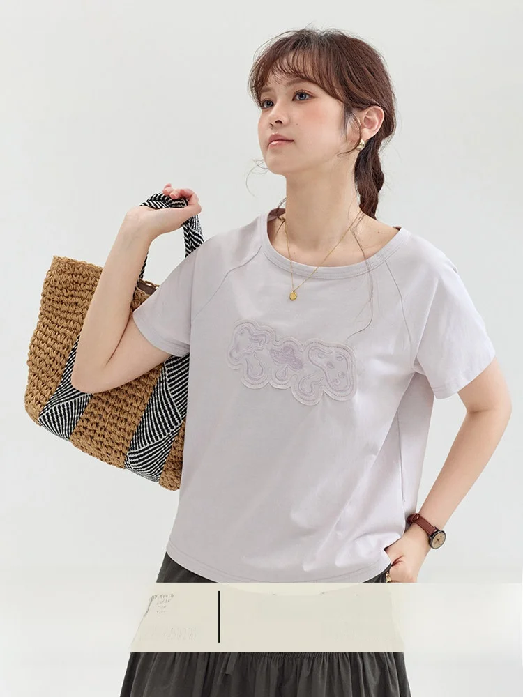 

Original AMUU Shoulder Patchwork round Neck T-Shirt Women's Summer New Style Youthful Cotton Blend Elastic Fiber Casual Top