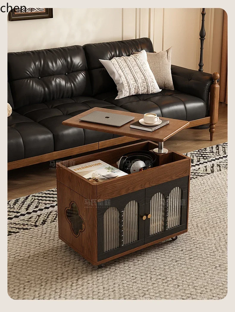 HT coffee table, living room, household small multi-functional storage side cabinet, lifting and rotating mobile tea cabinet