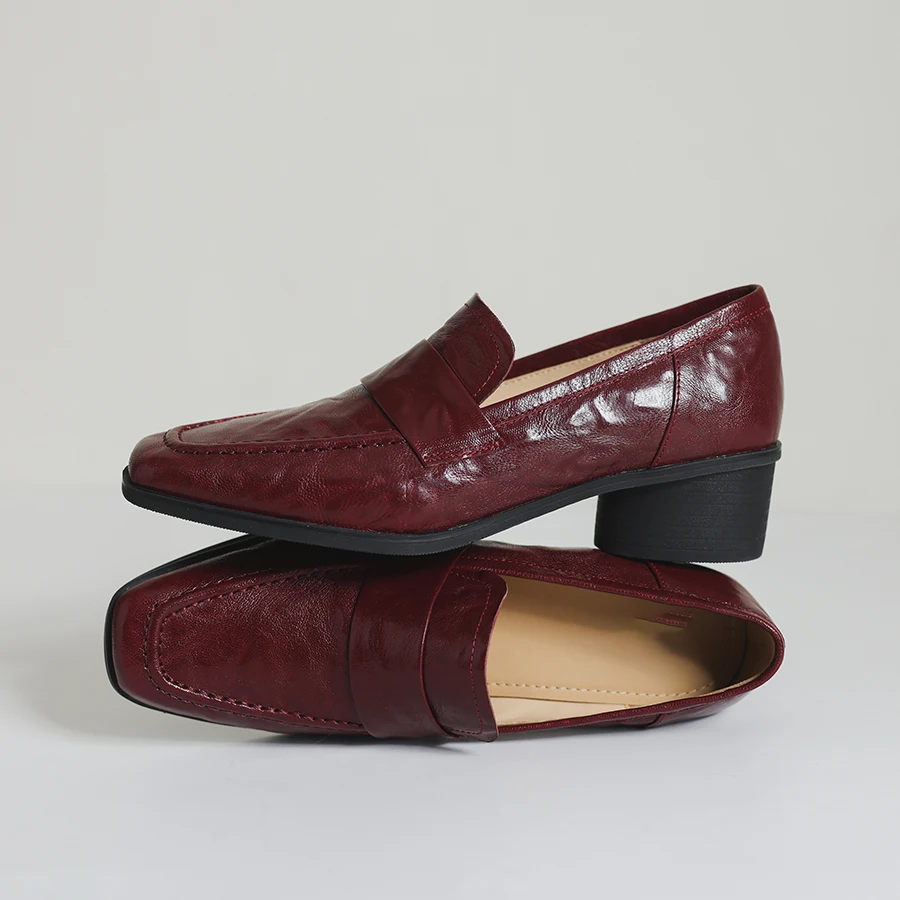 LIHUAMAO Cow leather block heel slip on loafer women shoes chunky heel pumps outdoor footwear square heel shoes casual