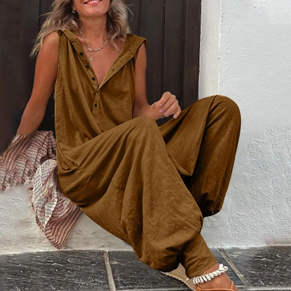 Women Jumpsuit For Summer Solid Color V Neck Sleeveless Buttons Loose Jumpsuit Soft Breathable Hooded Lady Long Jumpsuit