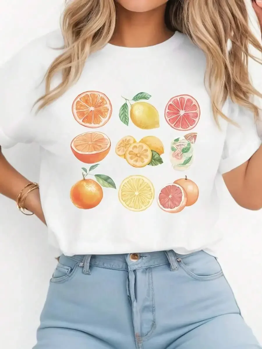 

Summer American Ins Lemon Orange Cocktail Print Women's T-shirt Casual Y2k Loose Breathable Street Clothes Half Sleeve Loose Top