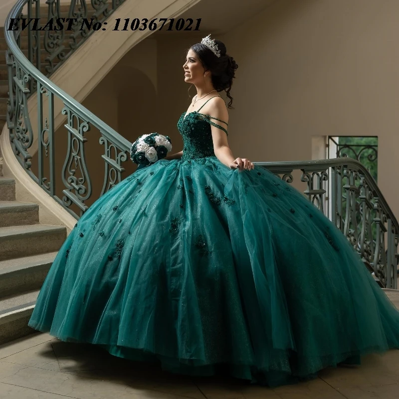 EVLAST Customized Dark Green Quinceanera Dress Ball Gown Shiny Lace Applique Beaded Corset Sweet 16 Gown Vestidos De Anos SQ385