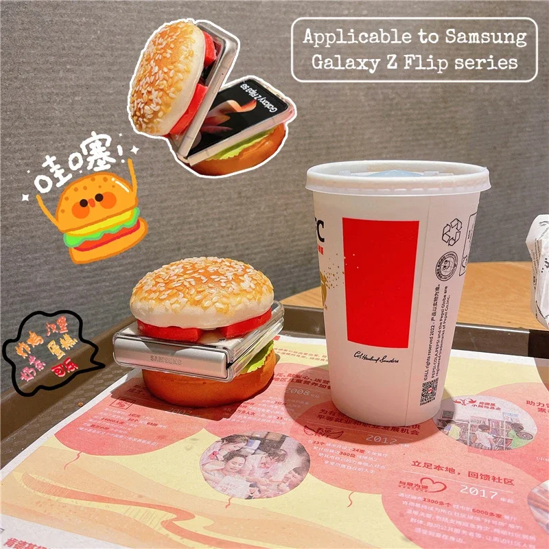 

Creative Hamburger Phone Case for Samsung Galaxy Z Flip 1 2 3 4 Hard PC Funny Back Cover for ZFlip3 ZFlip4 Case Protective Shell