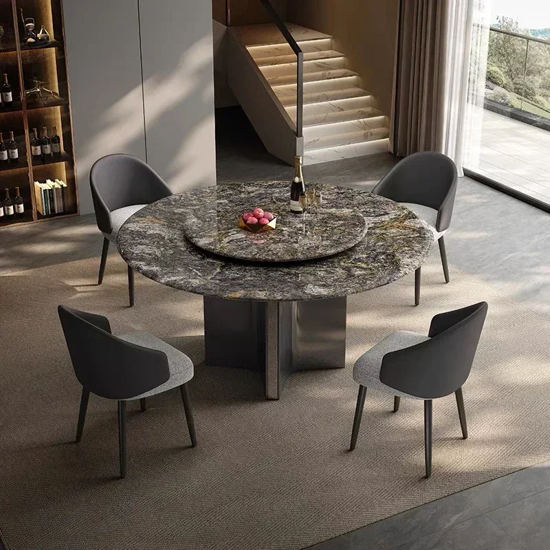 Modern luxury round marble dining tables 4 6 8 10 seater chair dinning table set room with rotate furniture restaurant home