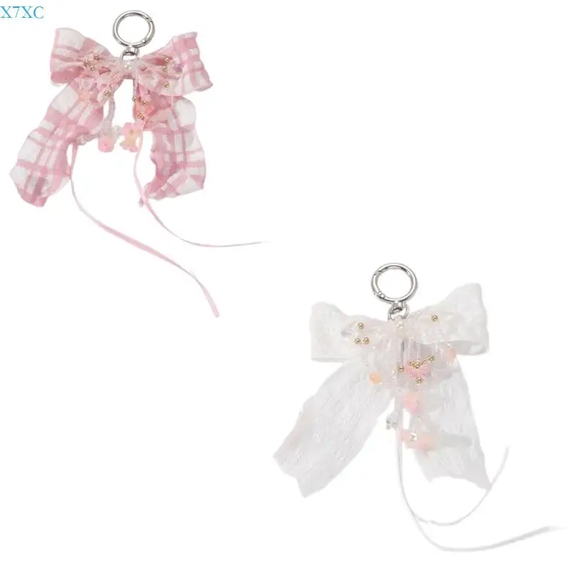 

X7XC Aesthetic Keychain Charms,Ribbon Bows Bag Charm Pendant Sweet Pearls Keychains Charms Hanging Ornament for Women