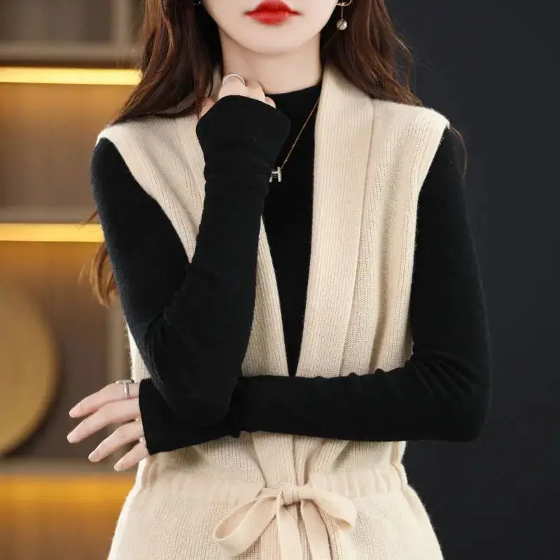 Autumn Winter Women Lace-up Long Sweater Coat Korean Fashion Casual V-Neck Solid Vintage Knitted Loose Cardigan Sleeveless Tops