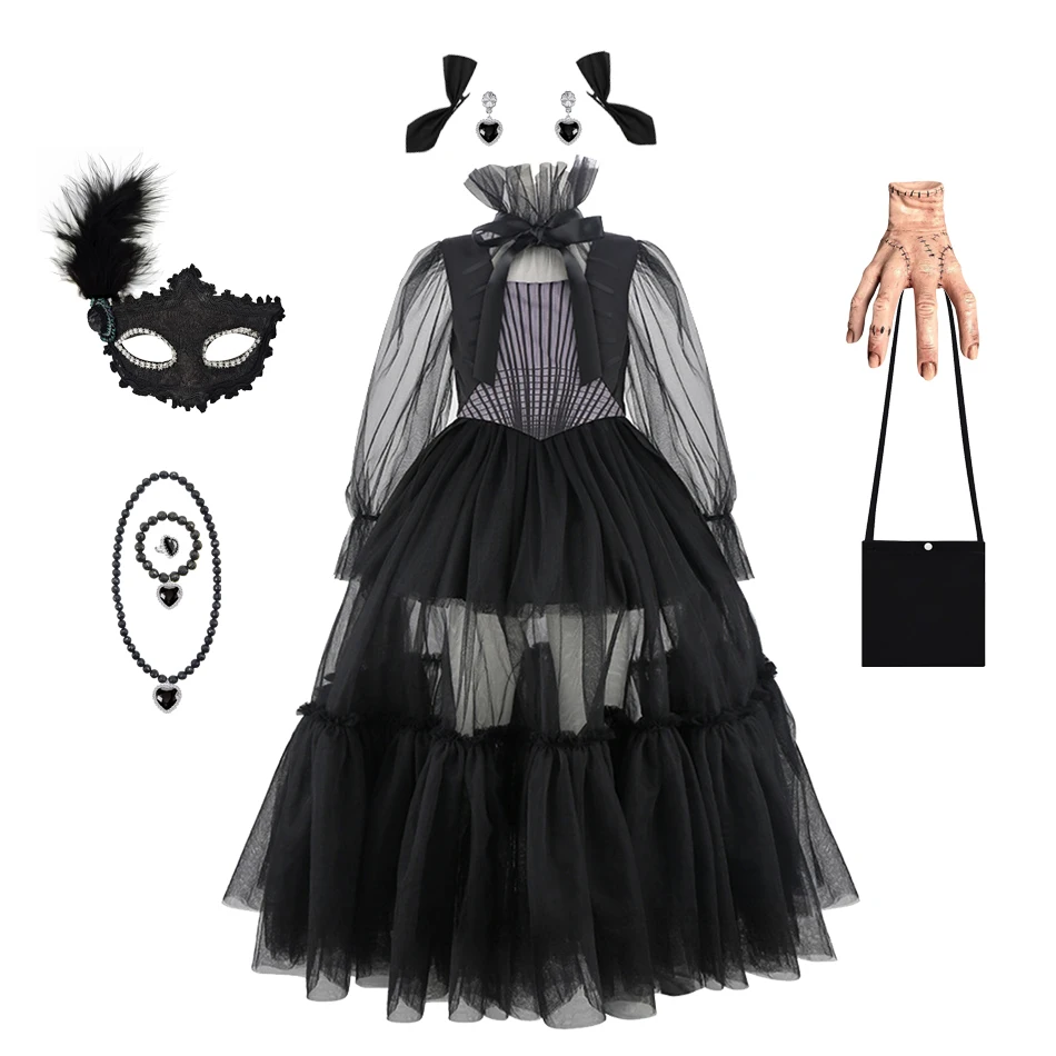 

Girl Gothic Lolita Black Sheer Tulle Dress Puff Sleeve Tiered Ruffle Gown Dark Academia Evening Wear For Halloween Carnival