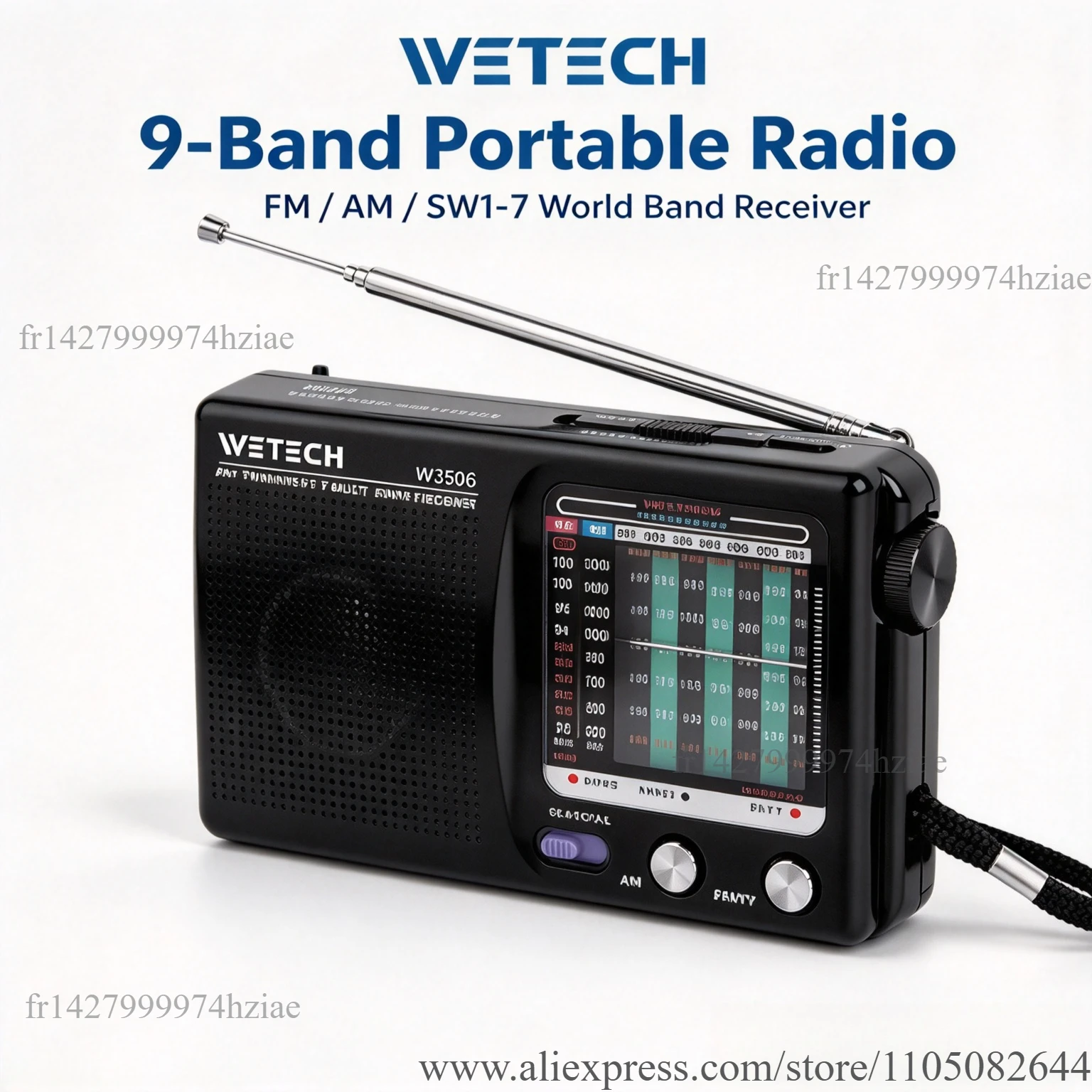 WETECH W3506 Radio portatile a onde corte, ricevitore a 9 bande FM AM SW1‑7, supporta ingresso AUX, alimentazione a corrente continua, funzionamento con batterie AA, per uso domestico e all'aperto