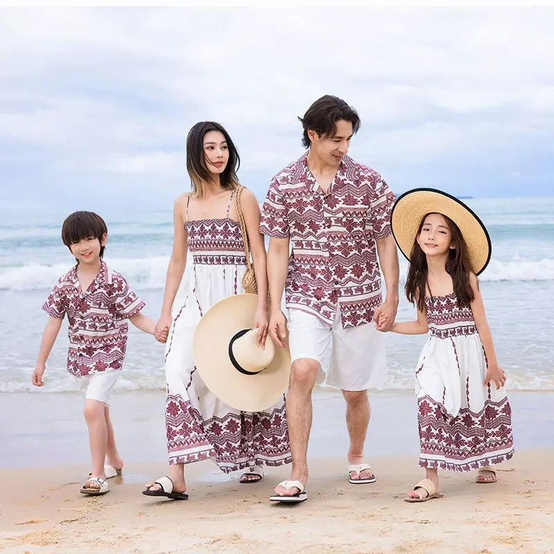 Vacations 2024 Family Polynesian Set Beach Mom and Daughter Print Smock Dress Resorts Look Dad and Son Shirts Tow Piece Outfits