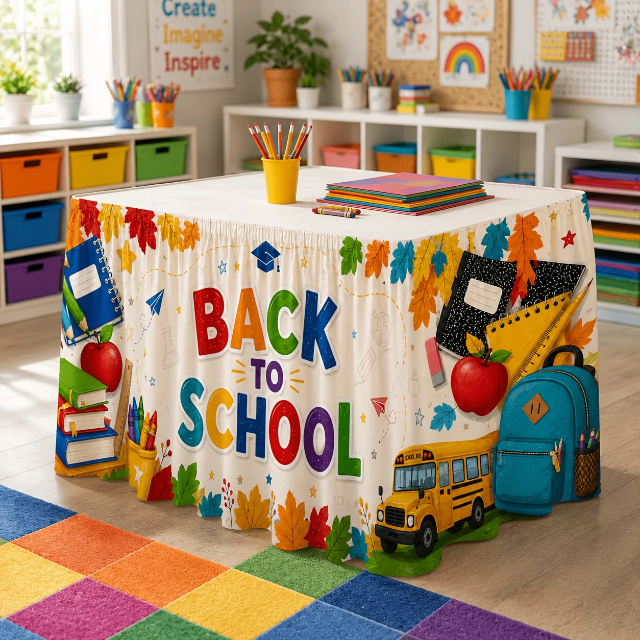 Send a tablecloth, 1 piece, Ba to School Bus Table Skirt, featuring a colorful theme of school return.