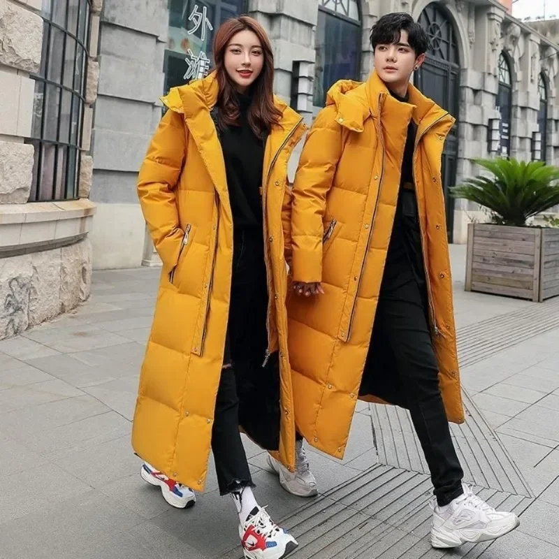 Hiver résistant au froid doudoune Couple ensemble longue chaude mode jaune Parkas S-3XL à capuche col montant fermetures éclair poches manteaux