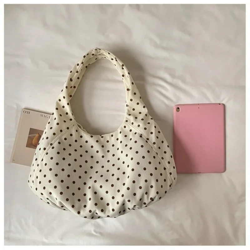 CEEKAY Canvas-Tasche mit Polka-Dot-Muster, Hobo-Stil, breiter Träger, geraffte Falten, vielseitig einsetzbar, für den täglichen Gebrauch, Freizeit, große Kapazität, Damenhandtasche. – Detail 6
