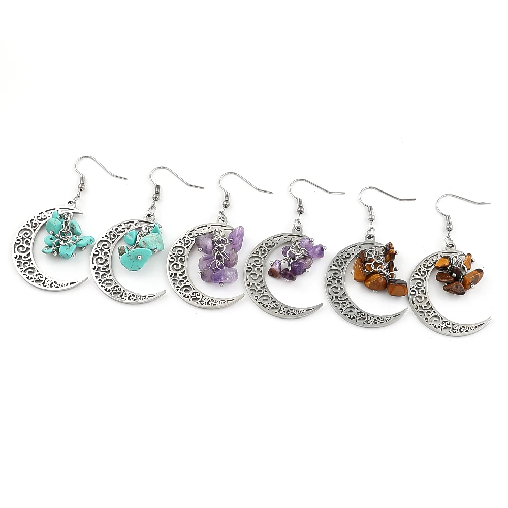 Crescent Moon Natural Tiger Eye Stone Drop Earrings for Women Stainless Steel Witchcraft Witch Crystals Dangle Earrings Jewelry view 4