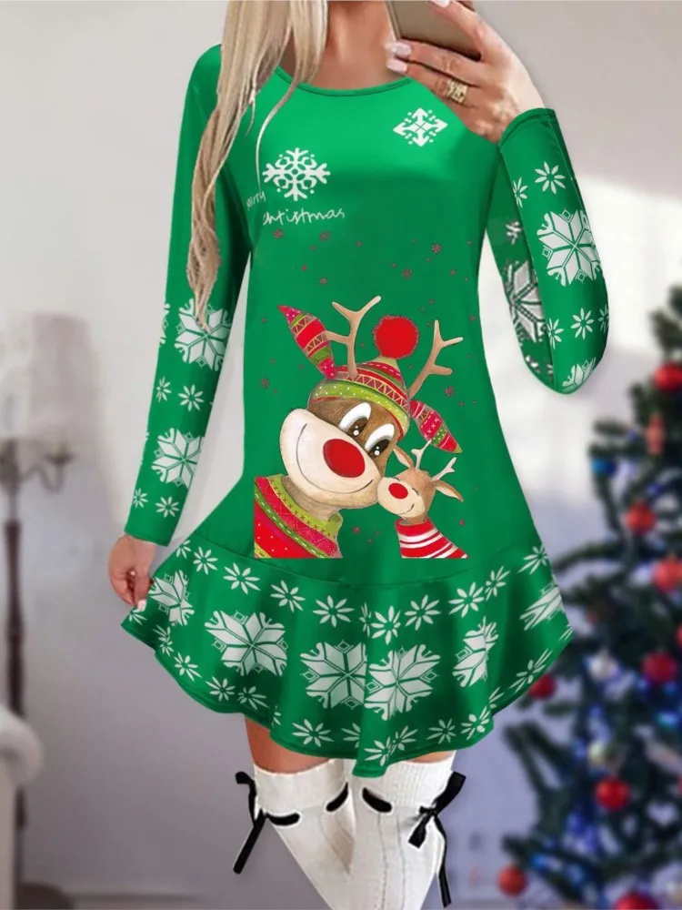 Autumn And Winter Women's New Slim Dress Long-sleeved Round Neck Snowflake Deer Print Mini Dress For Women