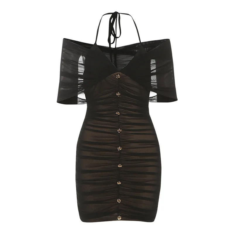 Robe mini moulante sexy pour femme en maille transparente froncée, avec boutons métalliques, épaules dénudées, col en V, dos nu à lacets, style licou, pour soirée et club