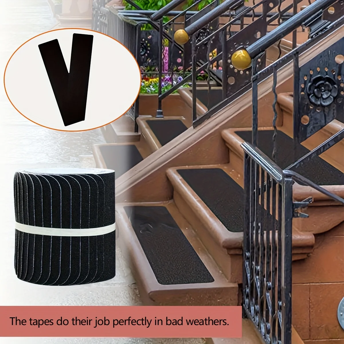 Black Pre-Cut Anti-Slip Tape Stair Treads Waterproof Heavy-Duty Outdoor Stickers for Safety
