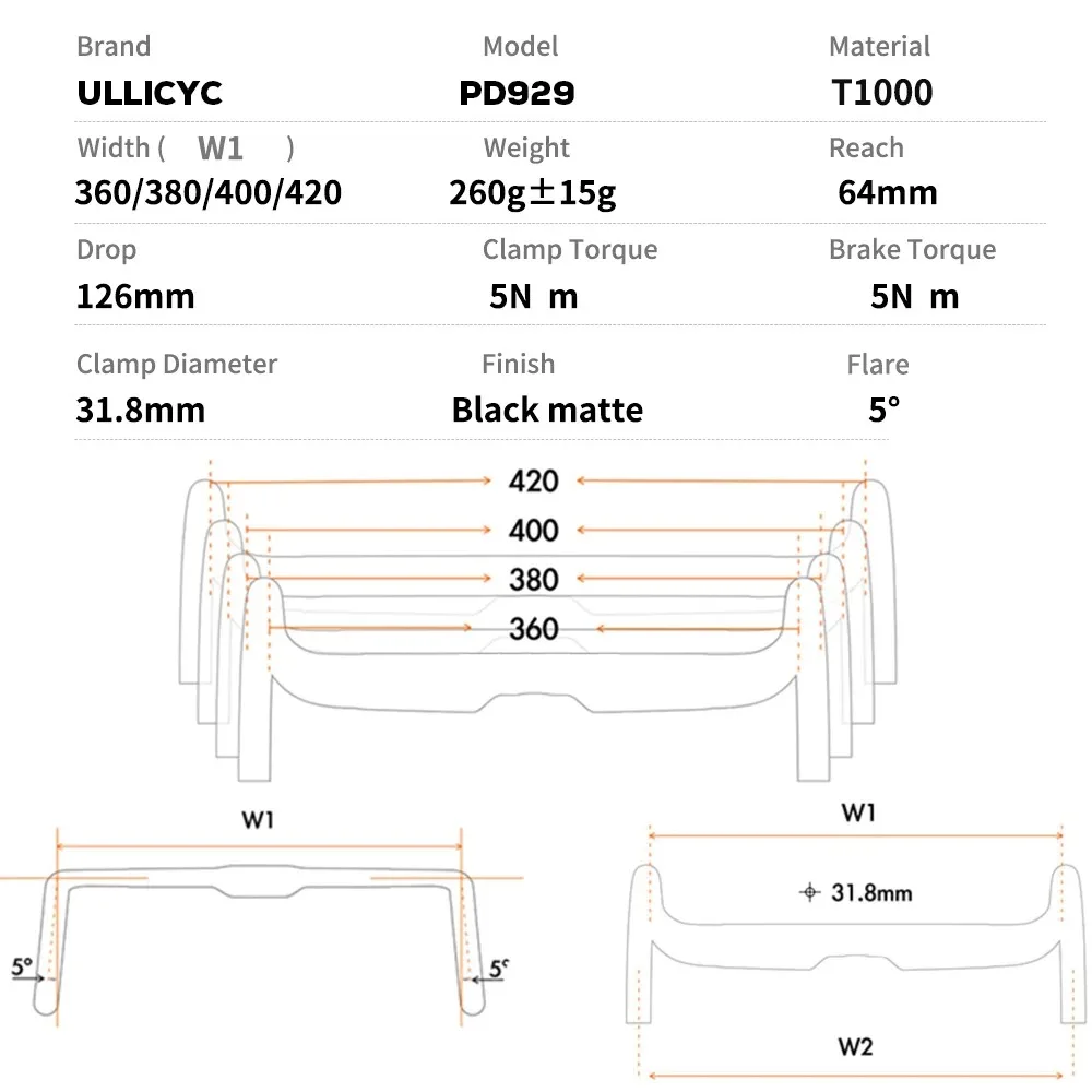 ULLICYC T1000 Road Handlebar 380mm/400mm/420mm/440mm Black Matt Fully Internal Routing Road Bicycle HandleBar the one image 3