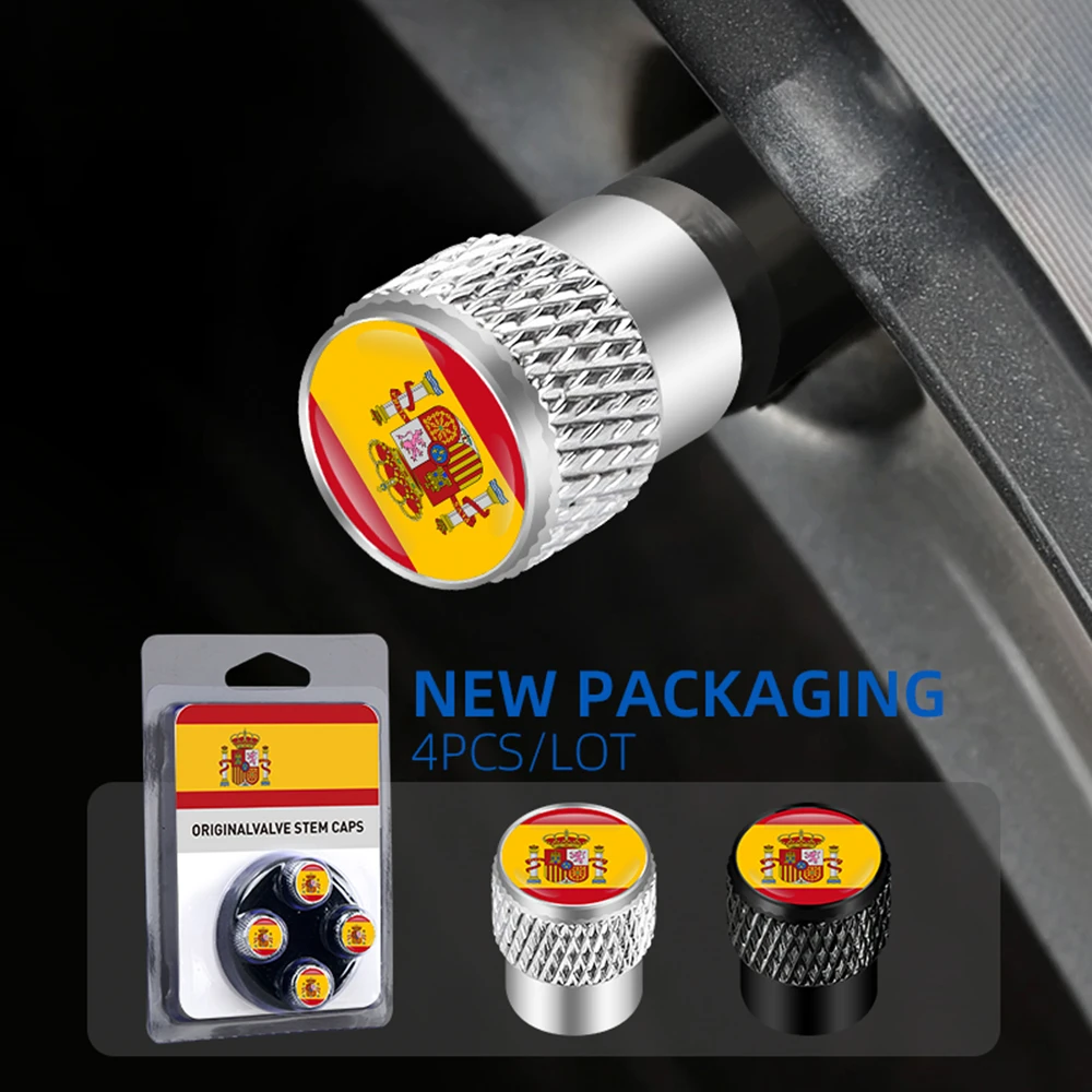 Sticke 4Pc For Spain National Flag Symbol Emblem Car Wheel Tire Valve Stem Caps Dustproof Waterproof Airtight Protective Covers