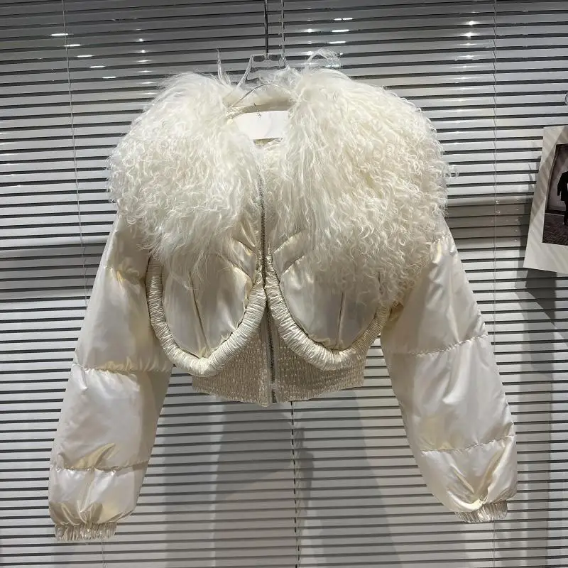 Hot Girl Style Lamb Fur Collar Glossy Long Sleeve Cotton Coat Female 2023 Winter New Short Warm Cotton-Padded Coat for Women