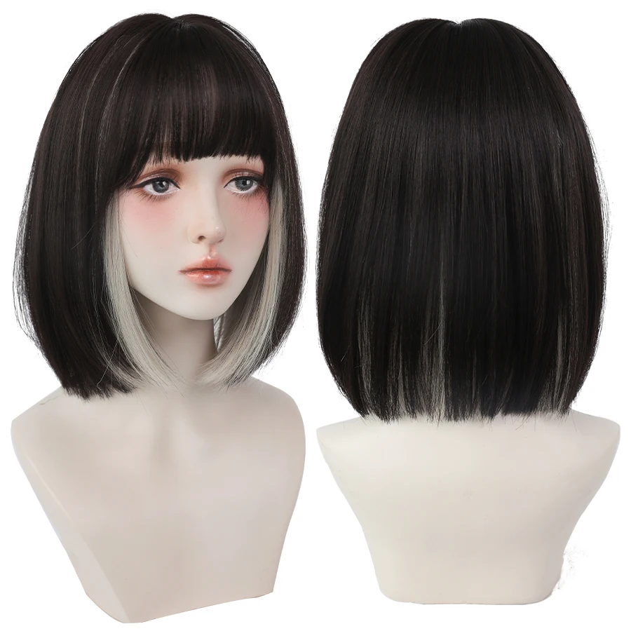 7JHH WIGS Short Bob Wig with Bangs Highlight Silvery Black Wig for Women Daily Cosplay Party Synthetic Hair Wigs Heat Resistant