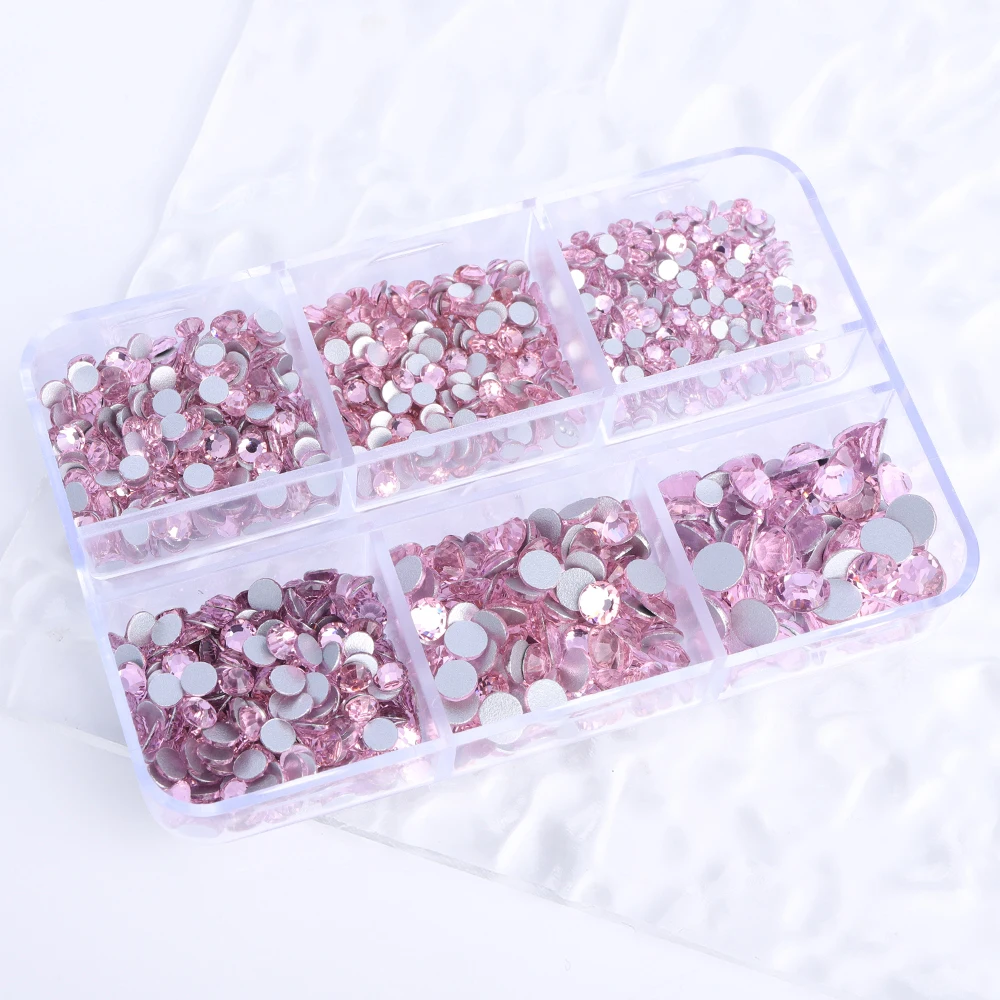 1440Pcs 6Grids Mixed Sizes Glass Non-Hotfix Rhinestones Sliver Base Flatback Crystal DIY Diamond Gem for Clothes Nail Decoration