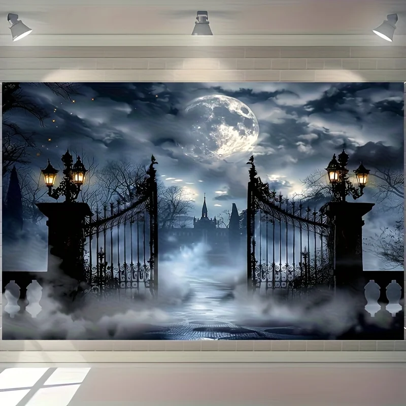 Dramatic Gothic Full Moon Tapestry Wall Hanging Art Fantasy Mysterious Gates Decor Mystical Mist Entrance Bedroom Living Room