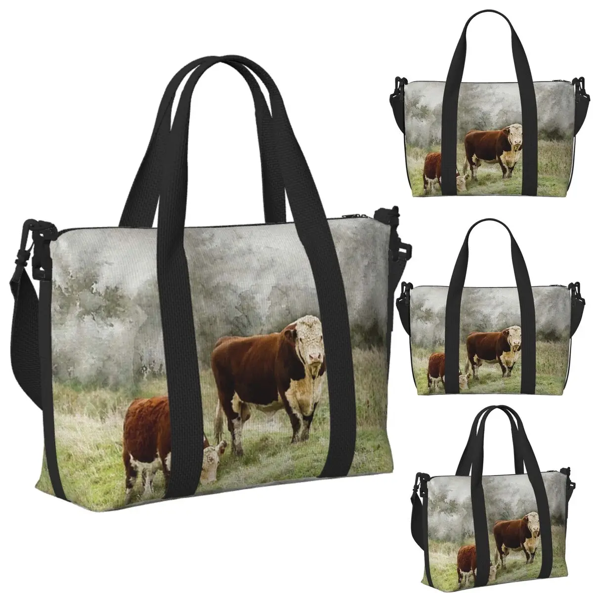 

Custom Hereford Bull And Cow Watercolour Photograph Beach Travel Bag Tote Bags for Gym Sport Women Shopping Duffle Shoulder Bag