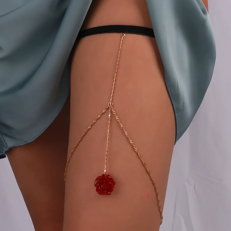 Aihua Trendy Female Red Rose Flower Pendant Leg Chain For Women Body Jewelry Gold Color Multilayer Lingerie Thigh Chain