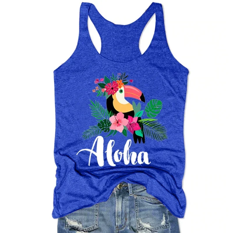 

Aloha Tops Sexy Women Clothing Hawaiian Tank Top Travel Vest Summer Vacation White Top Bird Cute Clothing L