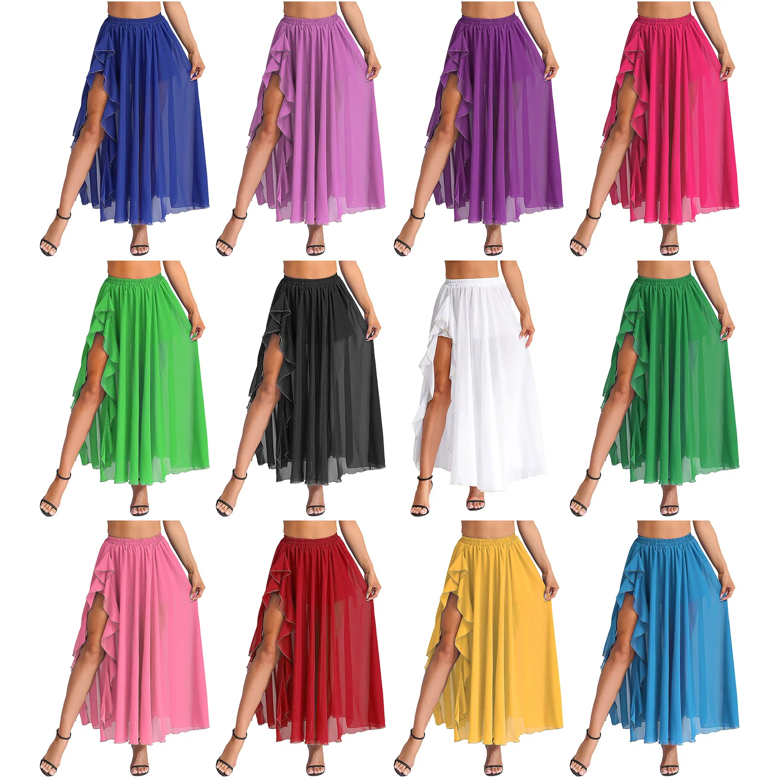 여성 플로우 벨리댄스 스커트 플리츠 쉬폰 맥시 사이드 슬릿 팬츠 스커트 캐스케이딩 러플 사이드 슬릿 스윙 스커트 댄스 의상