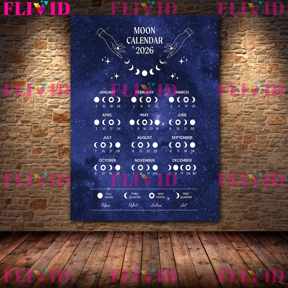 2026 Lunar Phase Calendar  Astrology Art Poster And Print,Moon Phases Gift,Moon Planner Celestial Decor Wall Art Canvas Painting