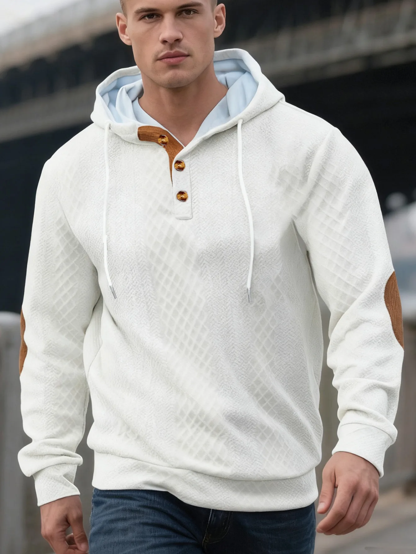 Men's hooded jumper European size elbow pads loose spring and autumn casual sports long-sleeved sweater