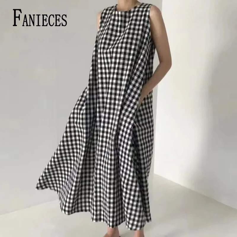 

Oversized Women Maxi Dress Plaid Print O Neck Summer Sleeveless A-line Long Dress Casual Loose Pregnant Women Clothes Robe