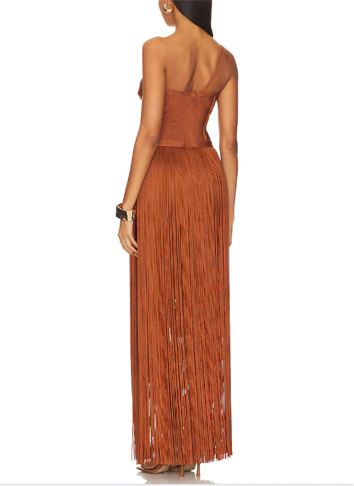 Fashion Brown One Shoulder Prom Dress Sleeveless Satin Fringe Skirt Evening Dress Sexy Cutout Slit Special Occasion 2024 Custom