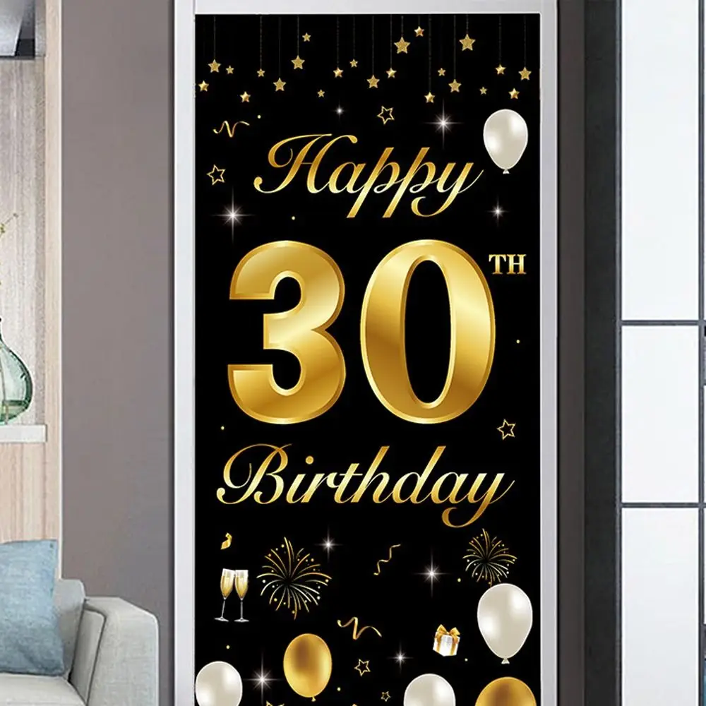 Black Gold Happy Birthday Door Hanging Banner Celebrate Polyester Party Door Background Balloon Cake