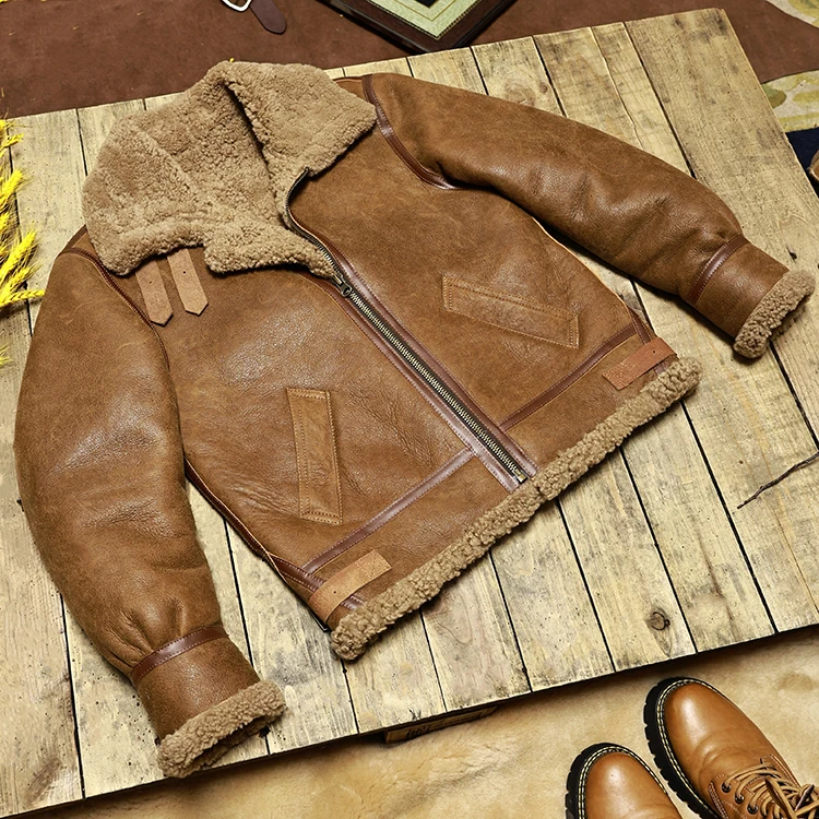 

2025 Top-Grade Genuine Fur Coat, Brown Winter Warm Natural Leather Jacket Retro B3 Style Lamb Fleece. Wool