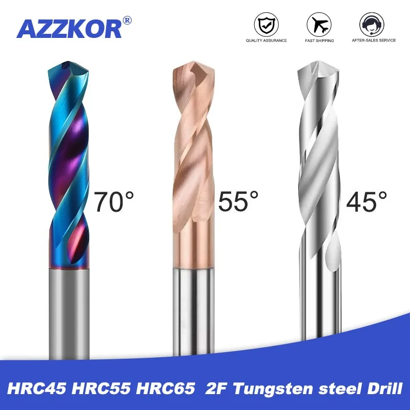 AZZKOR-Brocas De Carboneto De Aço De Tungstênio Para Máquina CNC, Máquina De Gravura, Ferramentas De Broca De Torção, HRC45, HRC55, HRC65 2F,